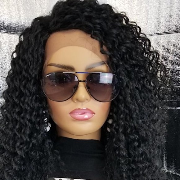 Black kinky curly side part wig human blend main image 5